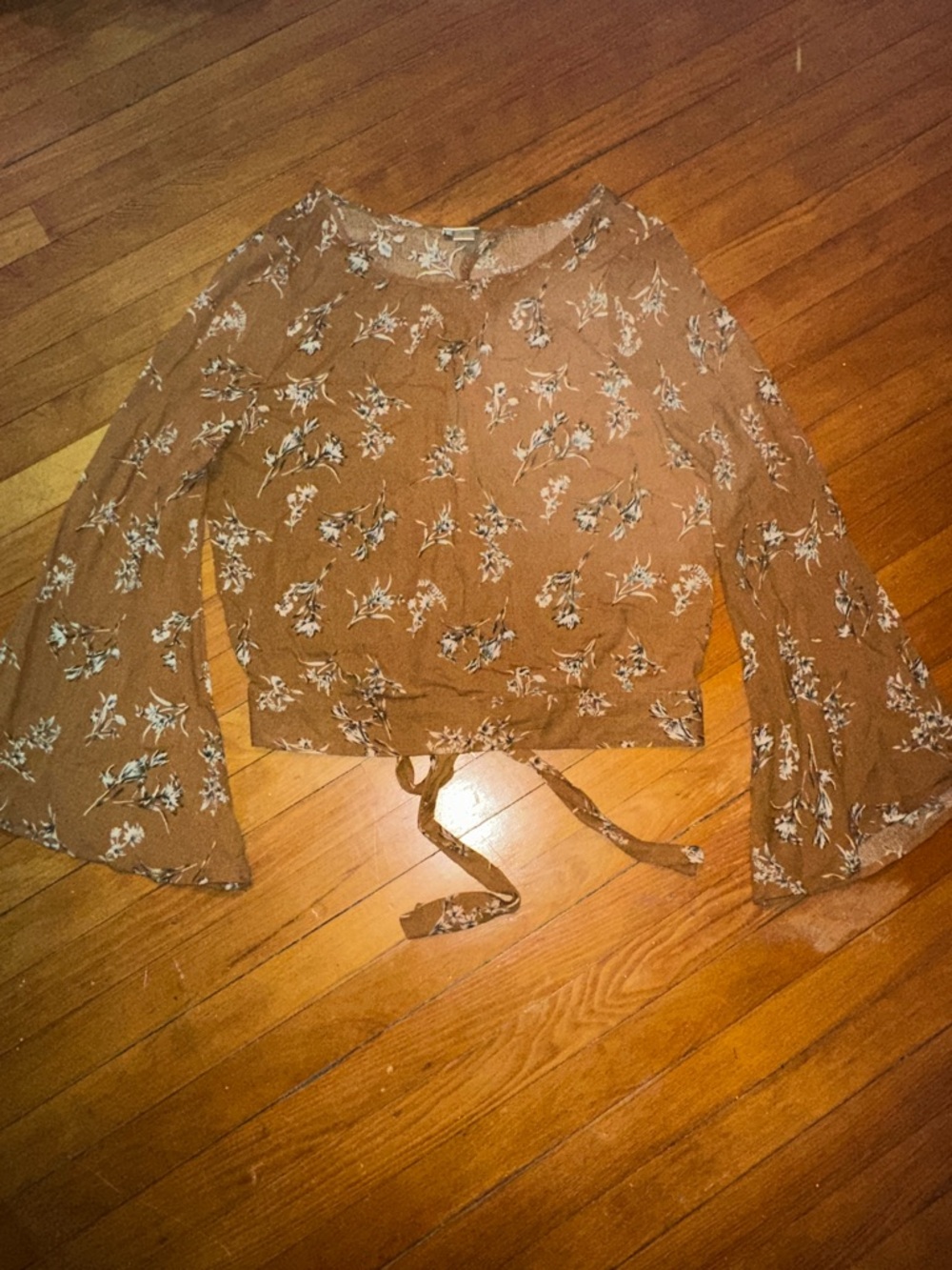 Daytrip Brown Floral Tie-Front Bell Sleeve Blouse